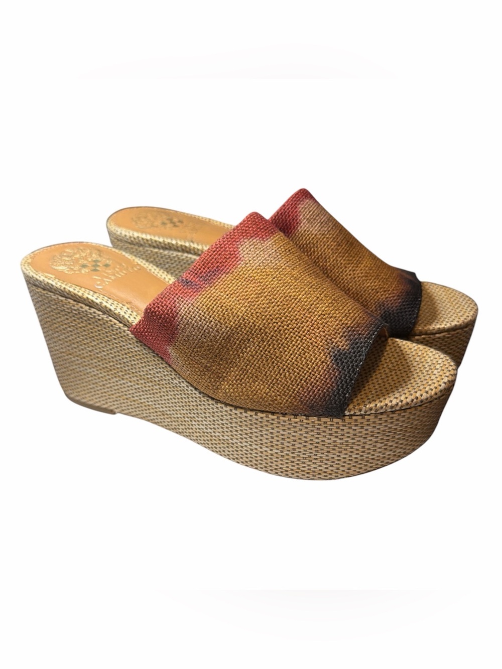 Vince Camuto Gadgen Multi-Tone Red, Yellow, Tan Woven Platform Wedge Slides